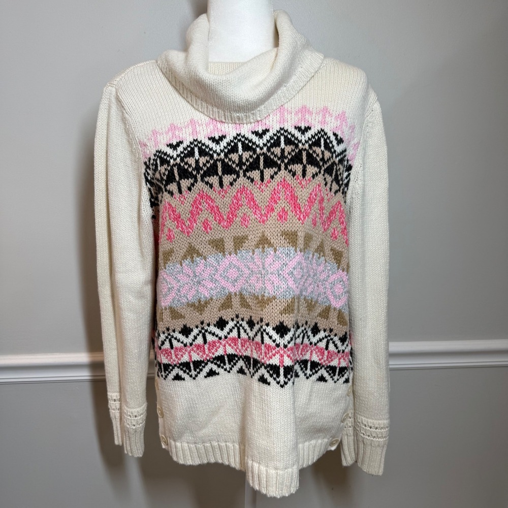 Talbots Fair Isle Sweater L Pink Cream Turtleneck Nordic Apres Ski Cottagecore